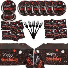 Red and Black Birthday Party Supplies, Happy Birthday Plates and Napkins Set With Birthday Tablecloth, Red and Black Birthday Decorations Serve 25 Guests