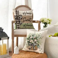 Home Sweet Home Farmhouse Eucalyptus Leaves Throw Pillow Covers, 18 x 18 Inch Truck Stripes Buffalo Plaid Cushion Case Decorations Set of 4