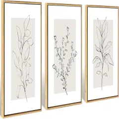 Summer Neutral Botanical Canvas Wall Decor, Minimalist Black Line Flower Poster Prints, Boho Beige Floral, Abstract Plant Leaf Aesthetic Picture for Bedroom and Living Room, Framed 12"x16" (Set of 3)