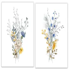 Summer Flower Botanical Wall Decor, Vintage Floral Nature Decor, Wildflower Branch Leaf Watercolor in Blue, Yellow, Neutral, Rustic Cottage Country Farmhouse Artwork Prints for Bedroom, Unframed 11x14 Set of 2