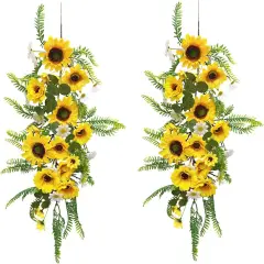 Summer 2PCS Artificial Sunflower Garland &ndash; Silk Sunflower Vine with Green Leaves and White Flowers for Home, Kitchen, Garden, and Wedding Arch Decor
