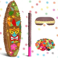 Tiki Pi&ntilde;ata Surfboard Pinata Tropical Pinatas Hawaiian Luau Pinatas with Stick Blindfold Confetti