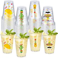 100 Pack 12 oz Fiesta Cups Plastic Mexican Cups Clear Disposable Mug Cinco De Mayo Party Decorations for Fiesta Taco Birthday Party Drinkware Supplies, 4 Styles