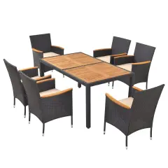 Acacia Wood 7-Piece Dining Set, Rattan Table, Cushioned Chairs and Umbrella Hole