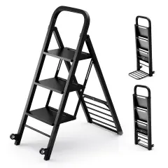 2 in 1 Black Metal Hand Truck and Step Ladder with Rubber Wheels and 3 Wide Pedals