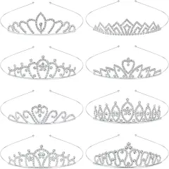 8 Pack Birthday Tiaras for Girls, Rhinestone Crystal Princess Crowns, Silver Headbands Tiara