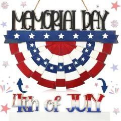 4th of July Decorations Patriotic Door Sign Wooden Memorial Day Wreath Red White Blue American Flag Door Hanger Independence Day Decor for Front Porch Wall Home Outdoor