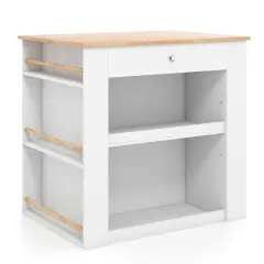 White Modern Kitchen Organizer with Rubber Wood Countertop and 2 Open Shelves