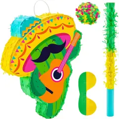 Cactus Pi&ntilde;ata Mini Sombrero Party Hats Mexican Fiesta Decorations with Pi&ntilde;ata Stick Blindfold Confetti Set, 16.1 x 13 x 3 Inch