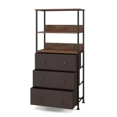 Rustic Brown Wood Metal Cabinet, 3 Fabric Drawers and Open Shelf Storage