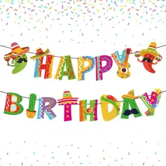 2Pcs Mexican Happy Birthday Banner Colorful Mexican Fiesta Birthday Bunting Garland Cinco De Mayo Taco Paper Banner Pre-Assembled for Mexican Carnival Birthday Hanging Decor Party Supplies