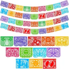 Cinco de Mayo Plastic Papel Picado Banner(4 pack with 8 Multicolor Plastic Flags per Banner), Mexican Party Banners for Fiesta Party Decorations, Dia Muertos Decor