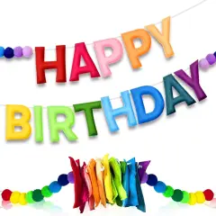 Pre-Strung Felt Happy Birthday Garland with Pompom Balls, Handmade Banner Decorations for Party Decor (Color)