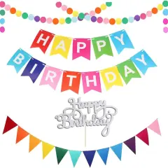 Happy Birthday Banner with Cake Topper, Rainbow Birthday Banner, Colorful Circle Paper Garland with Colorful Triangle Flags for Birthday Party Supplies
