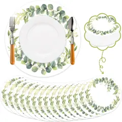 60Pcs Disposable Eucalyptus Leaves Place Mats Spring Summer Greenery Round Paper Table Mats Sage Green Eucalyptus Leaves Party Dining Table Decorations for Home Kitchen Baby Shower Wedding