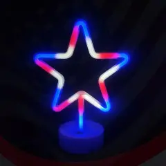 Summer Star Neon Lights &ndash; Red, White, and Blue LED Star Sign with Holder Base, USB or Battery Powered Table Light for Bedroom, Home Decor, and Summer Gatherings