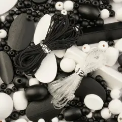 John Bead Craft Wood Beads with Elastic Nylon Cord, 90g White and Black