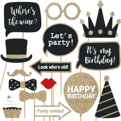 Fully Assembled Birthday Photo Booth Props. 30 Piece Box Set of Black & Gold Selfie Party Supplies and Decorations Kit with Real Glitter - Cute Bday Designs for Women - Did We Mention No DIY