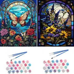 2 Pack Paint by Numbers Kit for Adults 16x20inch Stained Glass Butterfly Paint by Number Canvas, Acrylic Adults' Paint-by-Number Kits Flowers