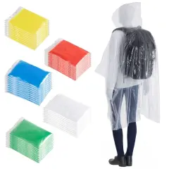 50 Pack Disposable Rain Ponchos for Adults, Bulk Emergency Ponchos with Hood, Individually Wrapped Raincoats, Rainbow Colors, Clear, Family, Women, Men, One Size Multicolor