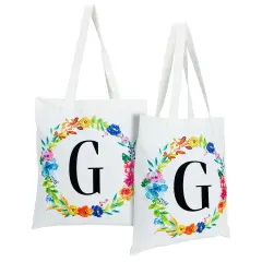 Set of 2 Reusable Monogram Letter G Personalized Canvas Tote Bags for Women, Floral Design (29 Inches) White