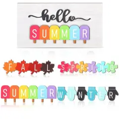 5 Pcs Hello Summer Sign Interchangeable Seasonal Sign Spring Fall Winter Tiered Tray Decor 5.9 x 3 Inch Wooden Gloves Decor 4 Seasons Farmhouse Table Centerpiece Decoration for Home(Fresh)