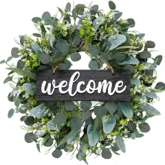 Green Wreath with Welcome in Spring Artificial Eucalyptus Wreath for Front Door Polytype Leaves Wreath