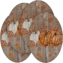 Set of 4 Maple Leaves with Pumpkins Round Fall Placemats - 14 Inch (Wood/Orange)