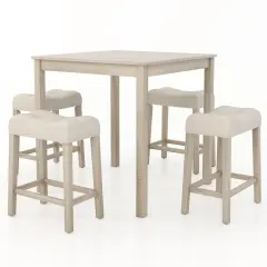 5 Pieces Bar Table Set with Square Table and 4 Padded Stools-Grey