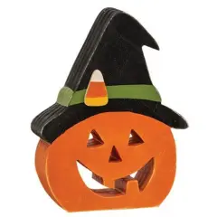 Wooden Jack O&rsquo; Lantern Fall Sitter with Black Hat and Carved Face