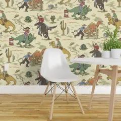 Peel & Stick Wallpaper 2FT Wide Wild West Cowboy Cowgirl Dinosaurs Kids Rodeo Armadillo Southwest Lasso Barrel Racing Tyrannosaurus Rex Triceratops Stegosaurus Cactus Raven Custom Removable Wallpaper by Spoonflower