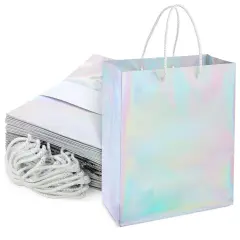 24 Pack Holographic Silver Gift Bags with Handles, 8x4x10 Inch for Wedding, Birthday, Retail, Small Business, Shopping