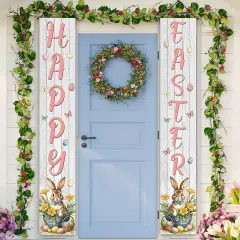 Happy Easter Porch Banner Wood Board Bunny Rabbit Easter Eggs Flower Front Porch Welcome Sign Easter Spring Summer Party Decorations and Supplies for Home-12&times;71''