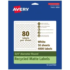 Avery Recycled Matte White Labels,3/4" diameter Round