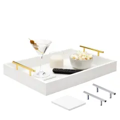 White Serving Tray with Handles and Coasters - Decorative Coffee Table Tray with Interchangeable Gold and Silver Handles, 16.57 x 12.2 x 3.1 inches
