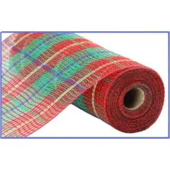 10.5" Faux Jute Plaid Mesh Ribbon: Red/Green/Blue (10 Yards)