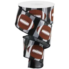 2.5" Footballs On Stripe Ribbon: Black & Silver (10 Yards)