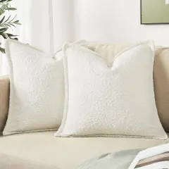 White Color Simple Imitation Lamb Wool Loop Yarn Texture Throw Pillow Covers 18x18 inch Set of 2 Decorative Couch Cushion Case for Chair Sofa Bedroom Living Room Home Decor