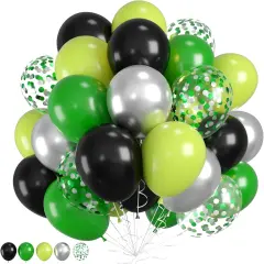 Green & Black Balloons - Video Game Balloons with Silver Confetti for Baby Shower, Graduation, Soccer, Birthday Parties