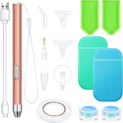 15 Pieces LED Diamond Painting Tools Set 5D Diamond Painting Drill Pens DIY Light Point Pens with Different Pen Heads, Elbow Pen Heads, Plate Trays, Anti-Slip Mats, Tape, Clay Storage Case (Rose Gold)