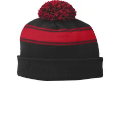 Sport-Tek&reg; Stripe Pom Pom Beanie Black/Tr Red