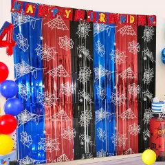 Spider Web Birthday Decorations 2 Pack Spider Party Supplies 3.3x6.6ft Red Blue and Black Spidey Tinsel Foil Fringe Curtains Backdrop Red and Blue Streamers Spider Theme Party Decorations