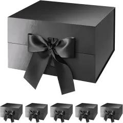6 Black Gift Boxes with Lids, Gift Boxes with Ribbon 9x6.5x3.8 Inches, Groomsmen Proposal Boxes, Magnetic Gift Boxes for Presents (Glossy Black, Pack of 6)