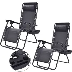 Set of 2 Folding Zero Gravity Recliner Chairs with Cup Holder Tray and Headrest for Patio or Lawn Black