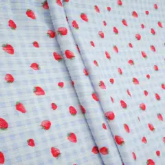 Soft Stretchy 4"x2" Yummy Rib Fabric with Strawberry Print 58/60" Wide Polyester Spandex Blend BLUE LT
