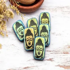 *6* 19x12mm Jet Black AB Laser Etched Buddha Rectangle Beads