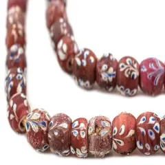 The Bead Chest Antique Venetian Flower White Heart Beads 11mm Ethiopia African Red Round Glass Large Hole 25 Inch Strand Handmade