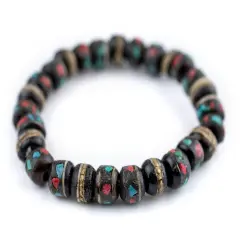 The Bead Chest Mala Stretch Bracelet, Black - Stackable Nepal Bone Inlaid with Turquoise & Coral Colors, 100% Authentic and Genuine