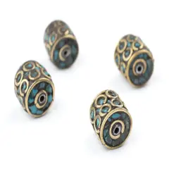 The Bead Chest Inlaid Nepali Cylindrical Brass Beads 10mm, Set of 4 Multicolor Cylinder Large Hole