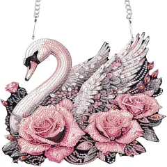 Diamond Art Painting Pendant Ornament Kits 5D Diamond Art Painting Art Hanging Kit Rose Swan DIY Diamond Crystal Window Door Pendant Kit for Adults Gift Wall Home Christmas Decoration (24.2x23 cm)